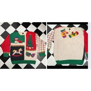 Vintage Talbots Hand Knit Ugly Christmas Sweater Large 3D 2‎ Sided Rocking Horse